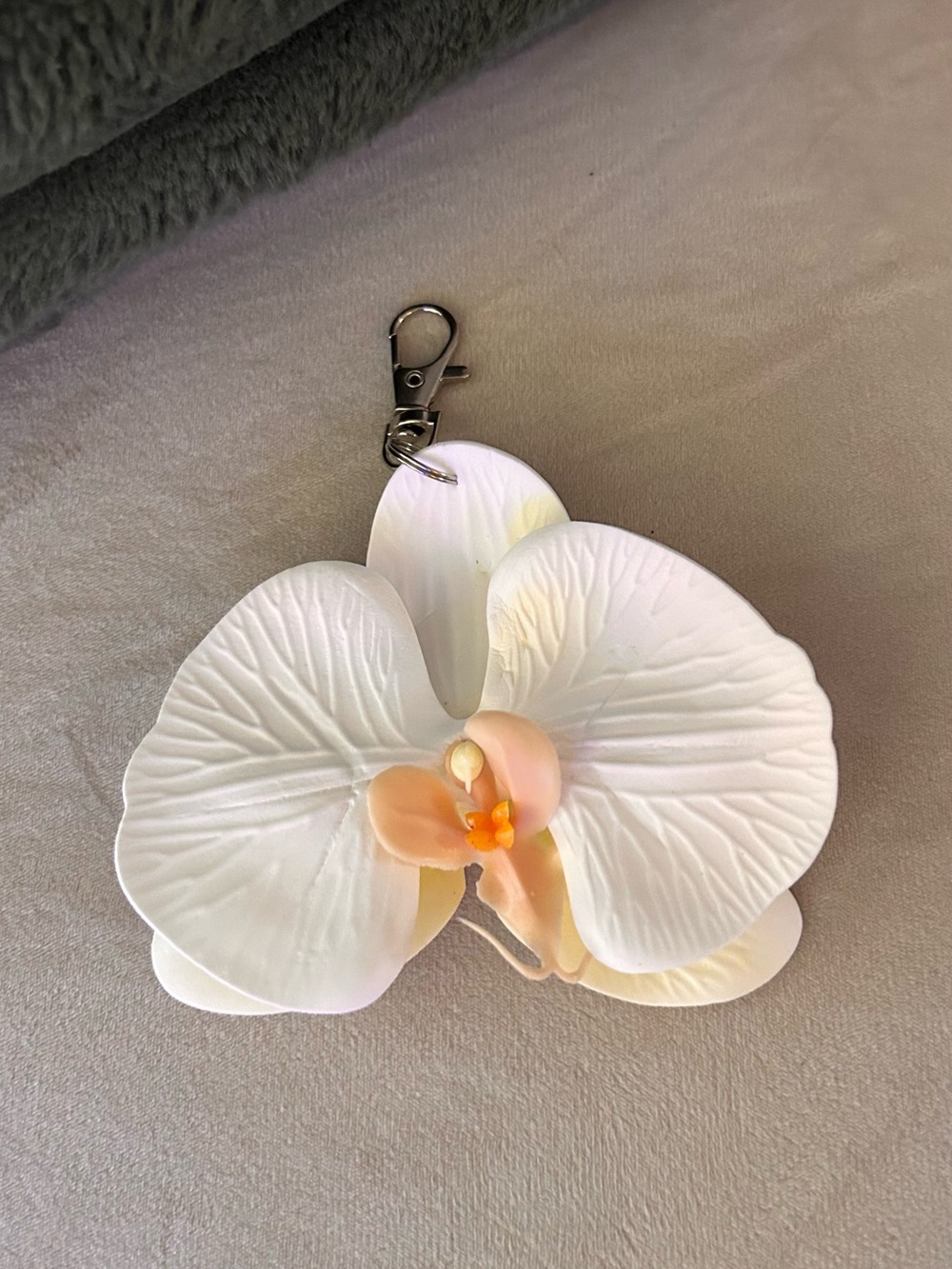 White Orchid Keychain Charm with Peach Accent